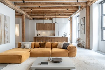 Open-concept living room with white walls, wood ceiling beams, large amber sofa, modern coffee table, and visible kitchen area in neutral tones