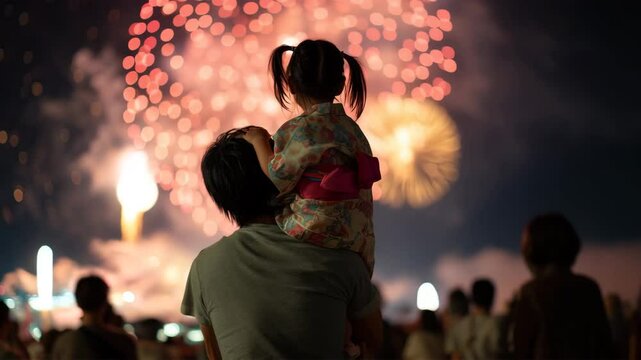 肩車で花火を見上げる日本人親子の夏夜
