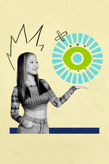 Collage of person standing under symbolic eye representing control surveillance spying manipulation...
