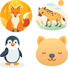 Fototapeta premium Vector art of adorable cartoon animals a fox in the autumn woods, a spotted hyena, a penguin, and a cute lion cub