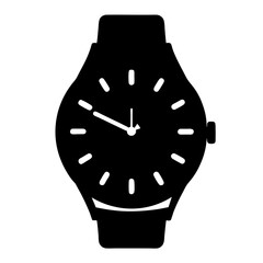 Black silhouette of a wristwatch with hour and minute hands shown prominently