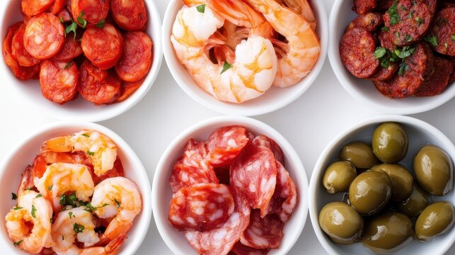 Assorted Fresh Seafood and Charcuterie Selection in White Bowls