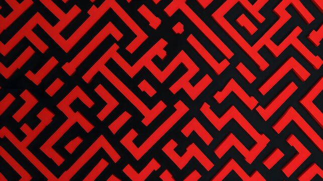 Abstract maze pattern creates a visually striking texture with bold red lines against a dark background.