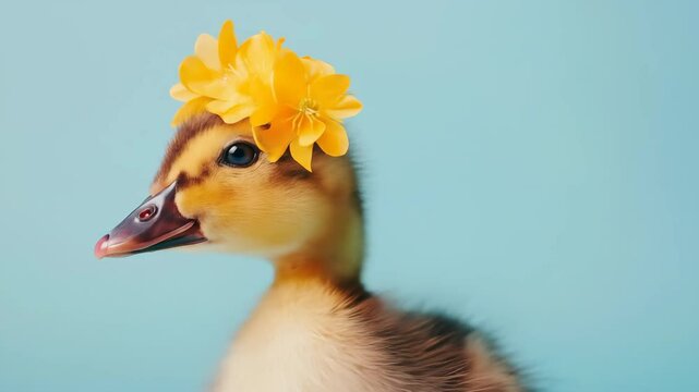 Adorable duckling wearing yellow flower crown. Cute animal portrait with a humorous and festive spring holiday vibe footage.