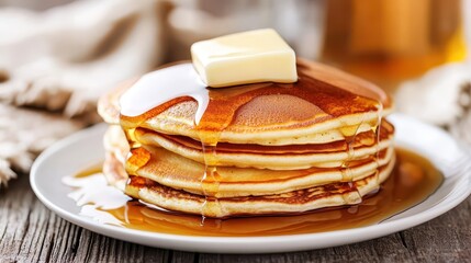Delicious Stack of Golden Pancakes with Butter and Maple Syrup