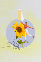 Trend artwork sketch design montage 3D collage of young lady stand sunflower blossom plant holiday...