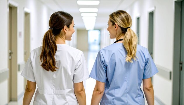 Equipo médico dialogando en pasillo del hospital, reflejando trabajo colaborativo y ambiente de confianza - Powered by Adobe