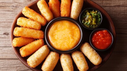 Delicious Crispy Snacks with Cheese Dip on a Wooden Table