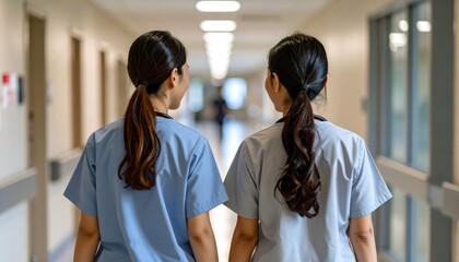 Enfermeras caminando juntas en pasillo hospitalario iluminado, compartiendo conversación durante el turno