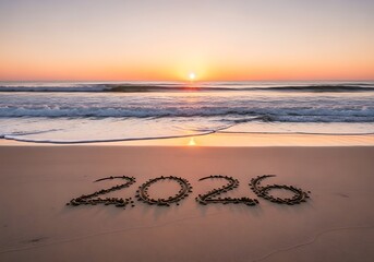 New Year's Eve celebration on the beach with the year 2026 written in the sand