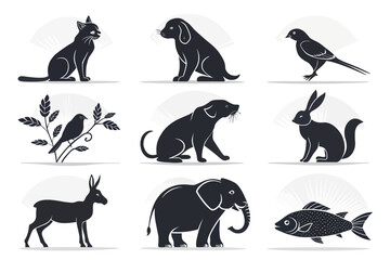 A collection of animal silhouettes, isolated on white background