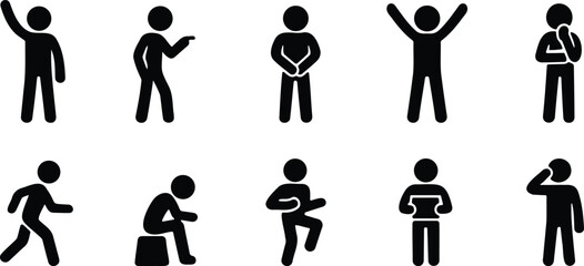 Stickman figures expressing human emotions and gestures such as sadness, joy, confusion, and approval through body language in black silhouettes
