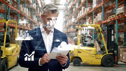 Business executive using tablet in warehouse with digital analytics overlay. Logistics manager, supply chain operations, inventory management, forklift distribution center technology. - Powered by Adobe