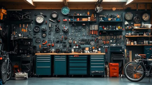 Bike Workshop Interior With Tools, Bicycles, and Workstation in a Garage