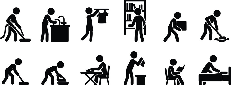 Stickman silhouettes showing various household tasks such as cleaning, ironing, mopping, washing, and organizing in black vector style