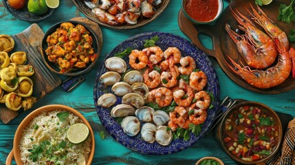 Colorful Seafood Platter with Diverse Dishes on Rustic Table