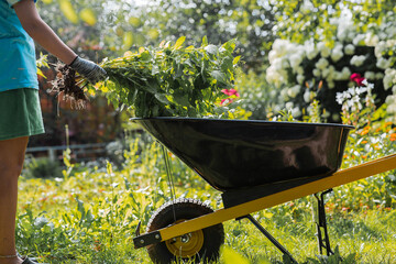 A young woman working in the backyard of a house. Collecting grass in a garden wheelbarrow. The...