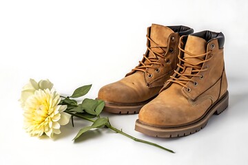 Pair of tan work boots with yellow flowers isolated on white background