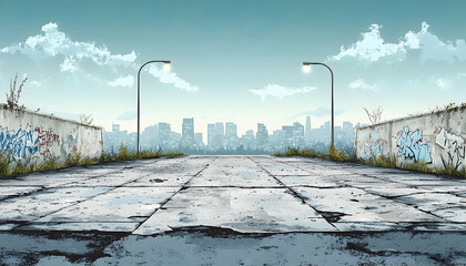 Dilapidated concrete bridge overlooks city skyline under a blue, cloudy sky