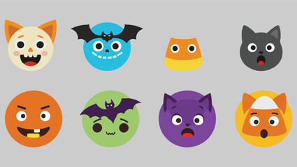 Adorable Halloween Emojis Cute Cat, Bat, and Candy Corn Character Illustrations
