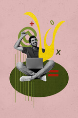 Image banner vertical art collage of happy it-specialist girl guy hold laptop freelancer occupation...