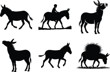 Fototapeta premium Donkey black Silhouette Bundle, Donkey SVG Vector Art, and White Background. Donkey clipart graphic illustration icon set.