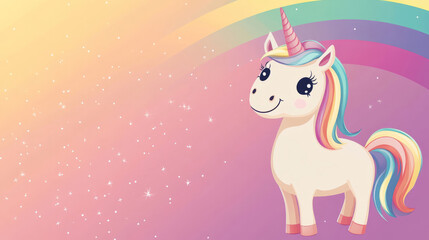 Cute unicorn illustration with a colorful mane and sparkling background, featuring a rainbow arching across a pastel sky, perfect for children's designs and magical themes