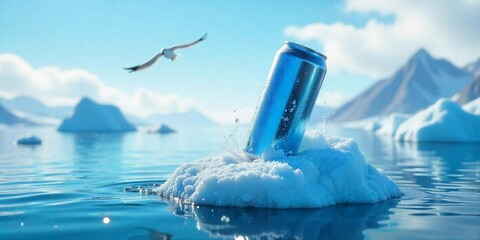 Refreshing Drink Can Advertisement on Ice – Cold Beverage Splashing on Snowy Iceberg in Arctic Landscape, AI-Generated