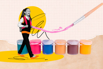 Composite 3d art pop image collage of happy schoolgirl walk gouache paint brush art subject...