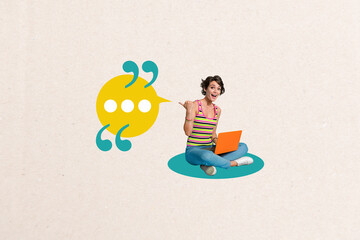 Trend artwork creative sketch collage of young lady sit smile hold laptop thumb show message speech...