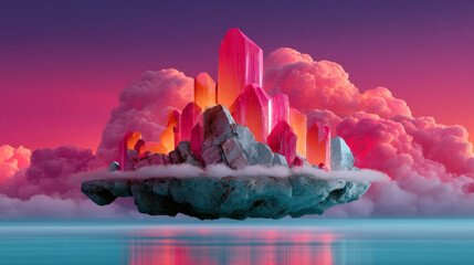 Floating island of glowing pink crystals levitating above calm sea under cloudscape