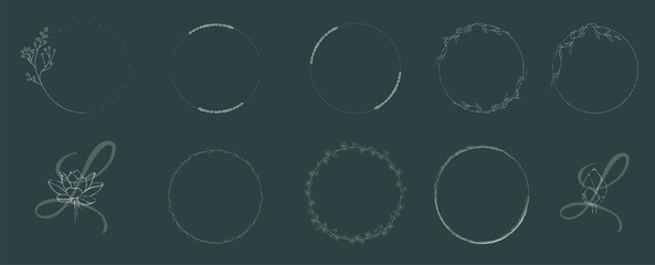 Set of 10 elegant minimal botanical and floral wreath frames. Hand-drawn line art in soft natural style. Ideal for invitations, logo design, packaging, and branding projects.