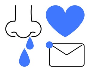 Nose with droplets, heart, and envelope. Ideal for health, emotion, care, communication, email relationships messages. Perfect for a simple landing page