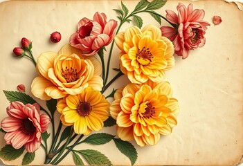 Aged floral postcard, faded blooms, antique paper texture,  faded,   vintage paper texture