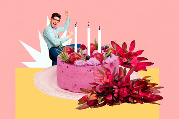 3D photo collage template trend artwork composite of gentleman young man smile cake candle amazed...