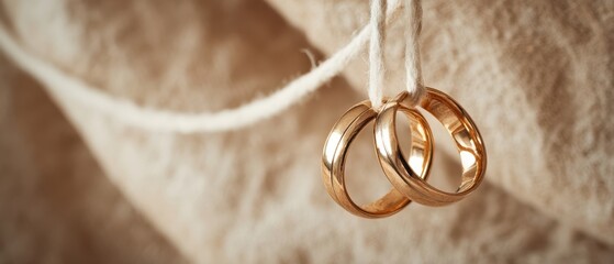 The exquisite gold wedding rings hanging in a romantic display.