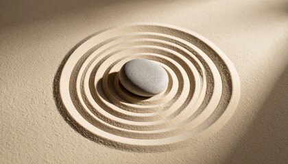 Naklejka premium Jardín de arena beige con piedra redonda en espiral concéntrica, vista zen minimalista para meditación y relajación
