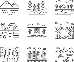 Simple Line Art Illustrations of Diverse Landscapes