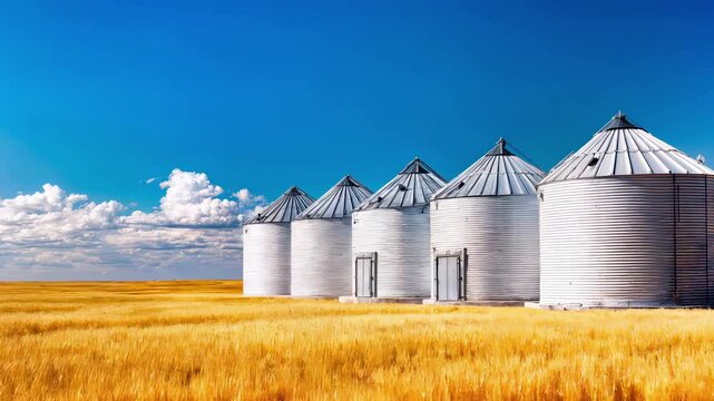 Agricultural grain storage silos in golden wheat field under blue sky. Industrial farming facility for crop, food production and commodity trade in rural countryside landscape.