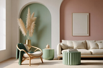 Serene living room with arched wall plush sofa and natural accents