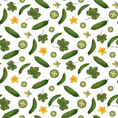 A fresh and natural pattern featuring scattered cucumbers (whole and sliced), vibrant yellow cucumber flowers, and green leaves on a clean white background. This design captures a crisp, garden-fresh,