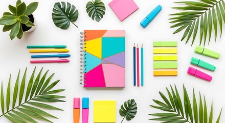 Colorful stationery and tropical leaves flat lay