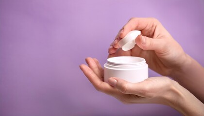 Skincare and Beauty Product Mockup Female Hands Holding Natural Cream on Lilac Background