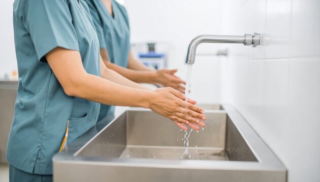 Profesional m&eacute;dico lav&aacute;ndose las manos con abundante espuma y agua en entorno cl&iacute;nico est&eacute;ril
