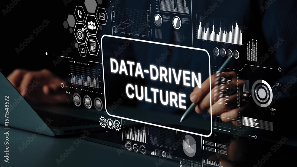 Poster data-driven culture in business with graphical data visualization and digital analytics interface. a