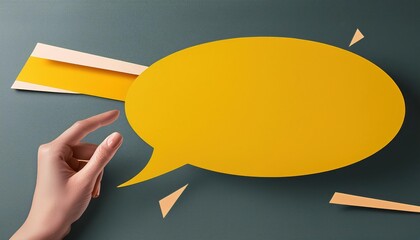 Creative Communication Concept Hand Grasping Yellow Speech Bubble in Collage Banner