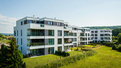 Modern white apartment buildings with green lawns and lush trees