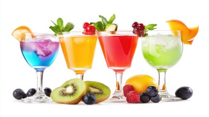 Colorful Summer Drinks in Glasses with Fresh Fruit and Berries