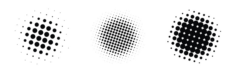 halftone,Set of halftone design spots and dots in magazine-style circles. Retro abstract vector elements perfect for print textures, graphic overlays and modern layouts. Trendy collection