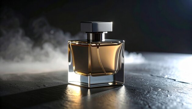 Botella de perfume elegante con tapa met&aacute;lica sobre fondo oscuro con luz tenue y niebla artificial